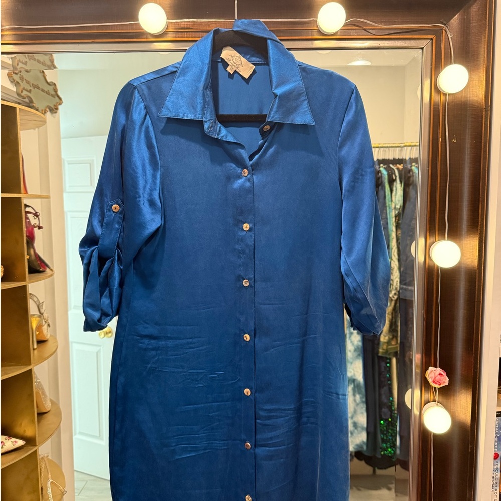 100% silk Blue Button-Up Shirt Dress